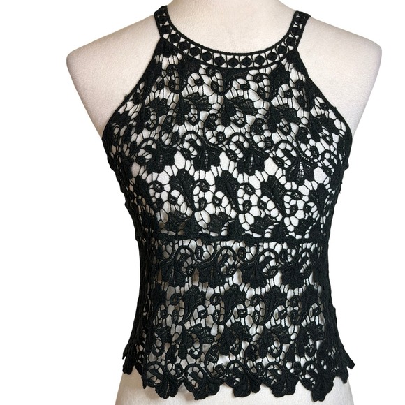 Tops - Black Crochet Lace Boho Halter Top Womens S Festival Goth Sheer Guipure Floral
